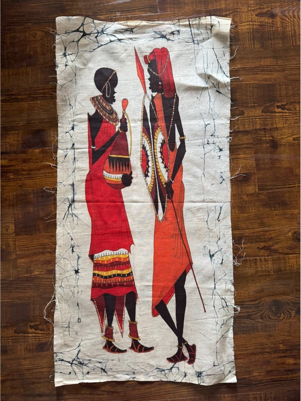 African Art Batik Canvas Textile Tribal Woman Warrior Man W Spear XL 33" x 16.5"